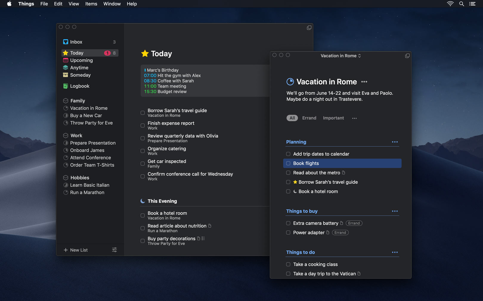 Things 3.7 on macOS Mojave in Dark Mode