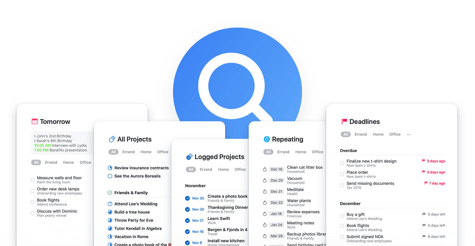 Five windows, showing the Tomorrow, All Projects, Logged Projects, Repeating, and Deadlines views in Things 3.