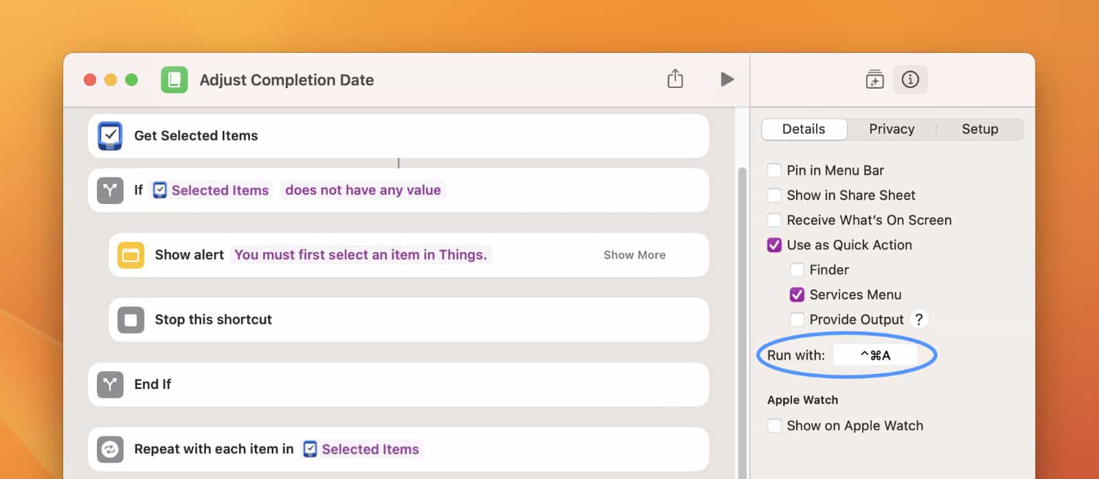 Adding a keyboard shortcut to an Apple Shortcut on macOS Monterey.