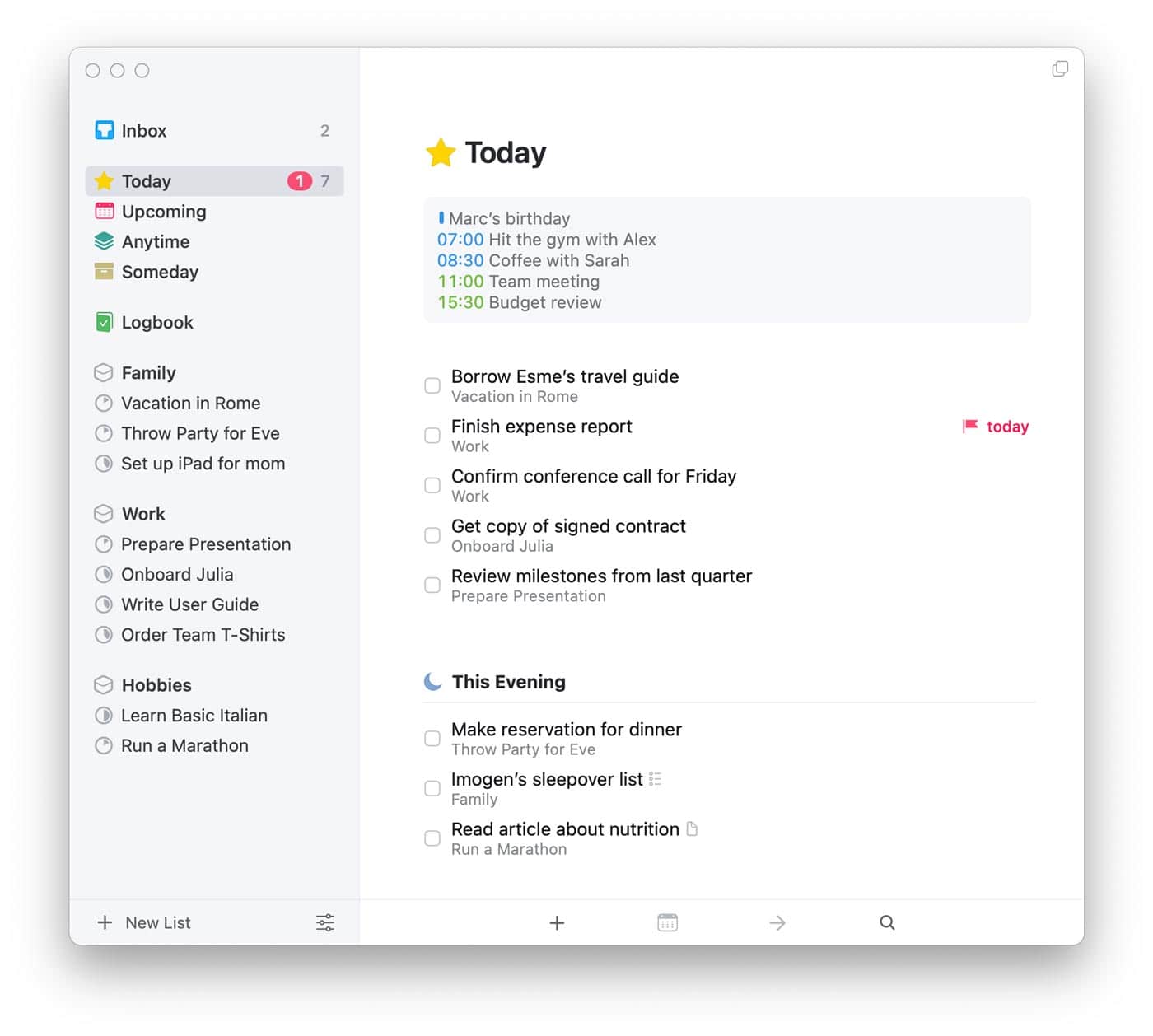 The Today list in Things, including the optional This Evening section and calendar events at the top.