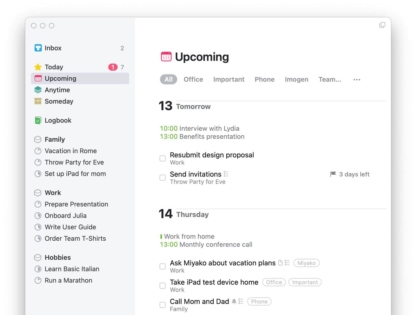 The Upcoming list in Things shows to-dos planned for the future.