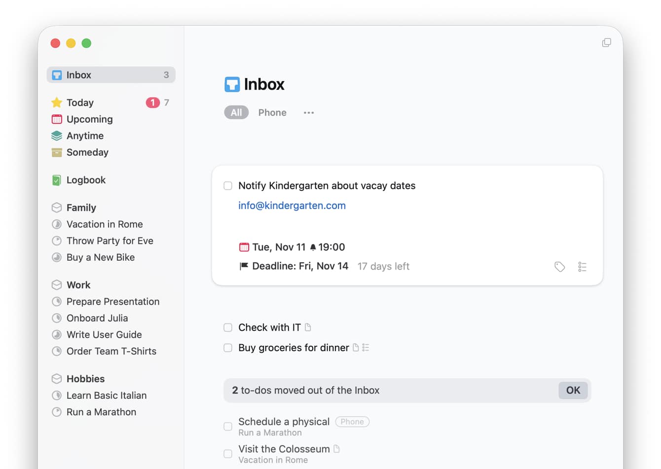The Inbox is a temporary staging ground for unprocessed thoughs, ideas, and emails.