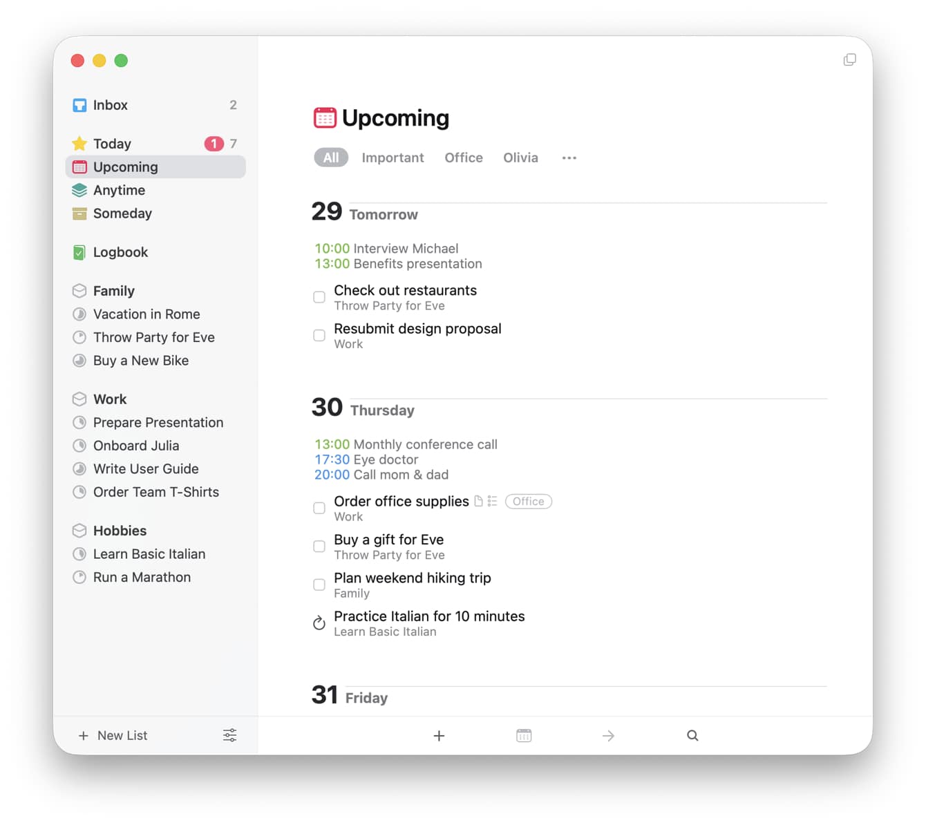 The Upcoming list in Things shows to-dos planned for the future.