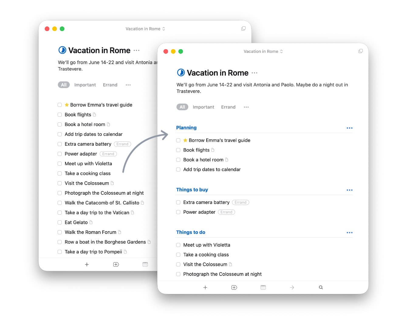 Comparison of a project without and with headings