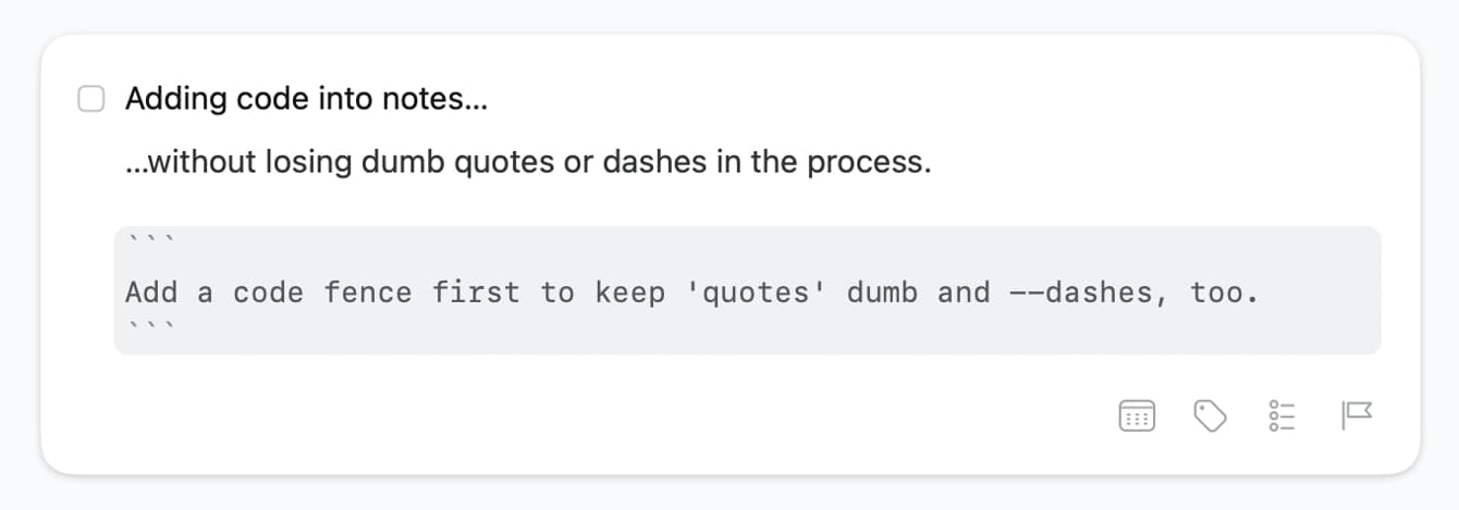 Code fences help retain dumb quotes and dashes