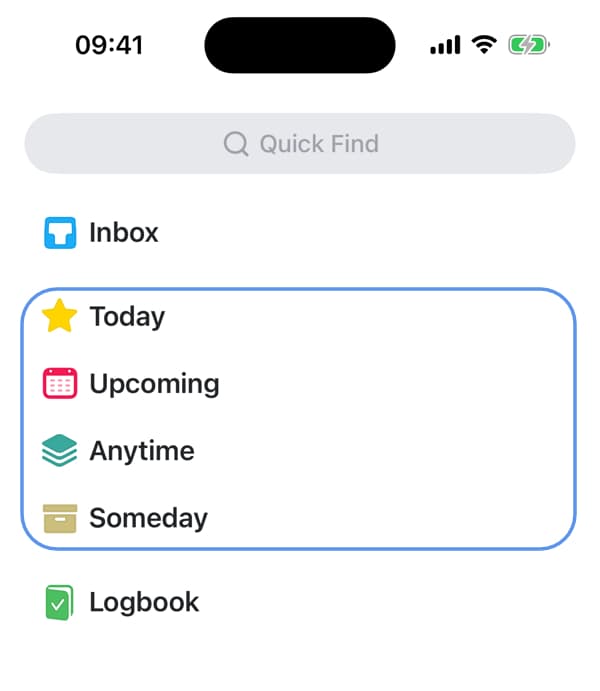 The default, date-based lists in Things.