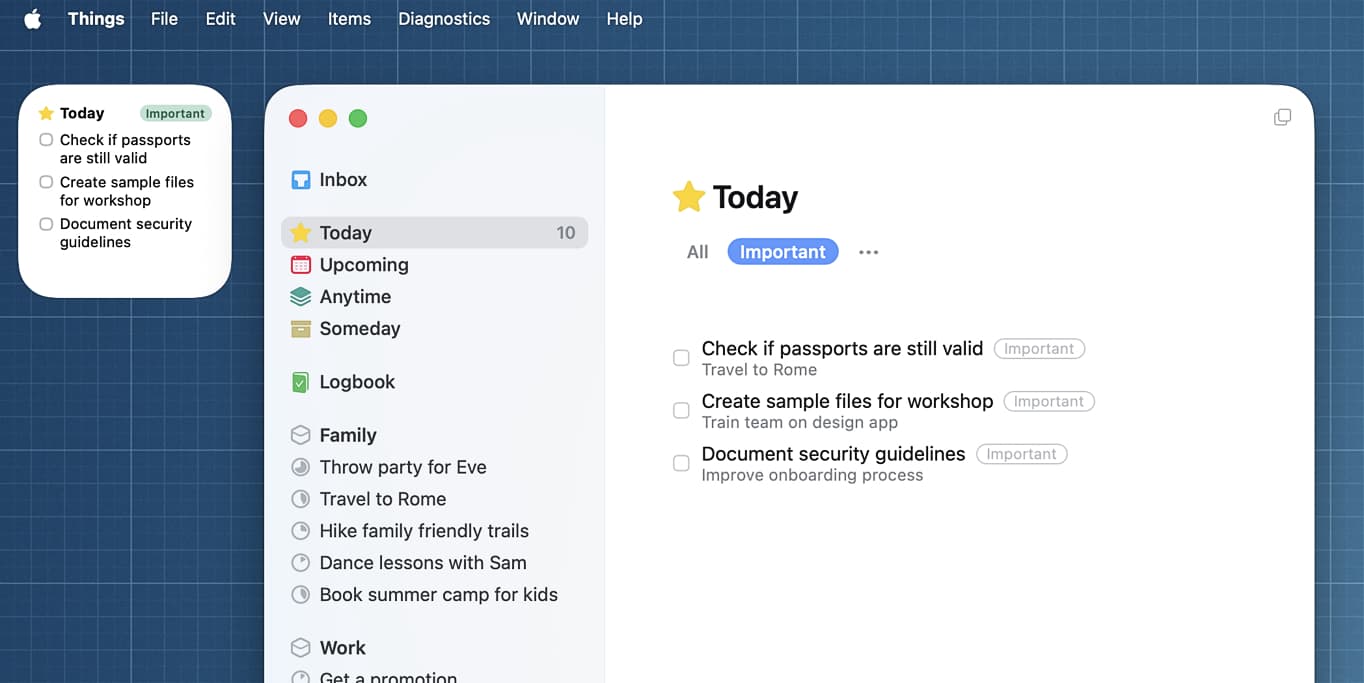 A widget showing the contents of the Today list, filtered by the Important tag.