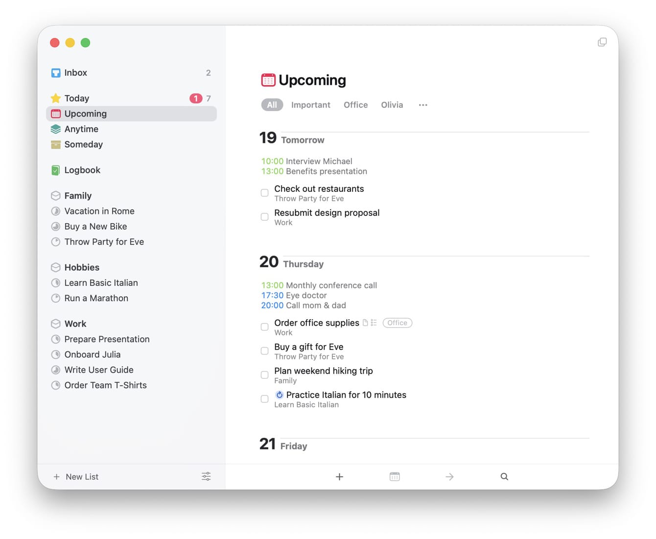 The Upcoming list in Things shows to-dos planned for the future.