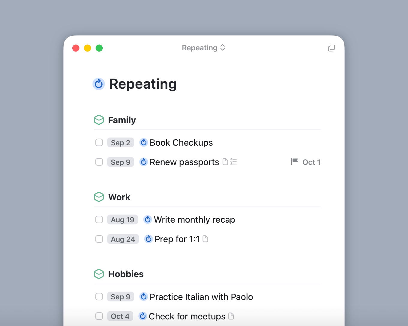 The Repeating list in Things, showing all repeating to-dos, grouped by area