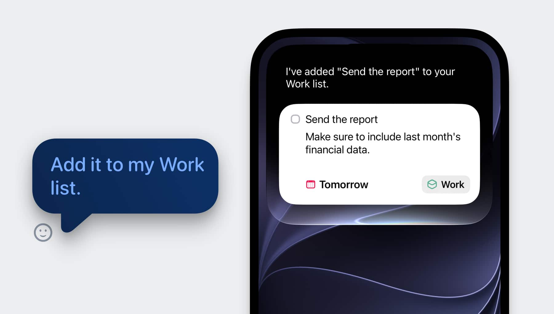 Siri conversation. Step 4: “Add it to my Work list.”