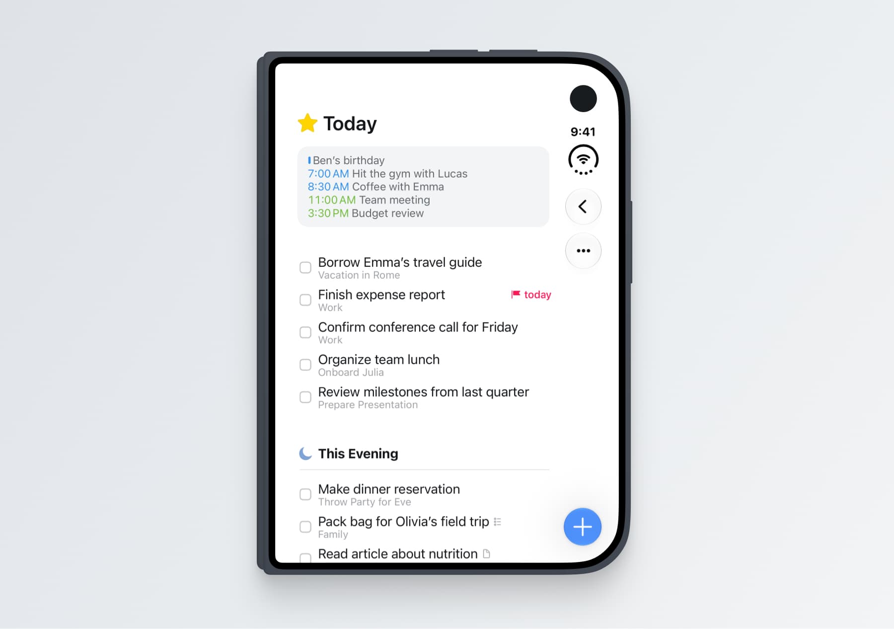 Things on the outer display of a closed iPhone Duo, showing the Today list