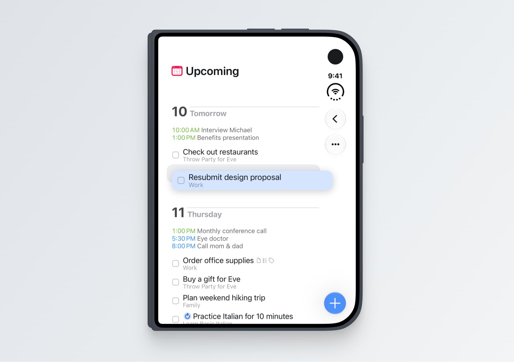 Things on the outer display of a closed iPhone Duo, showing the Upcoming list