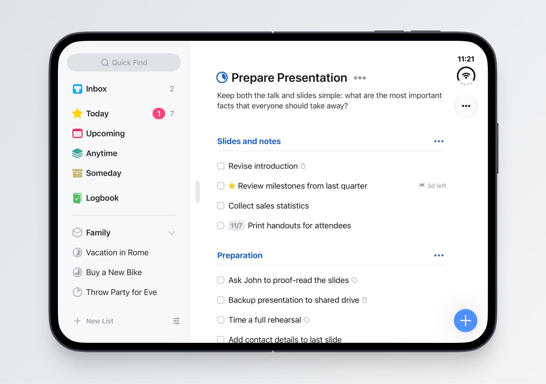 Things on an unfolded iPhone Duo, showing a project with a sidebar on the left