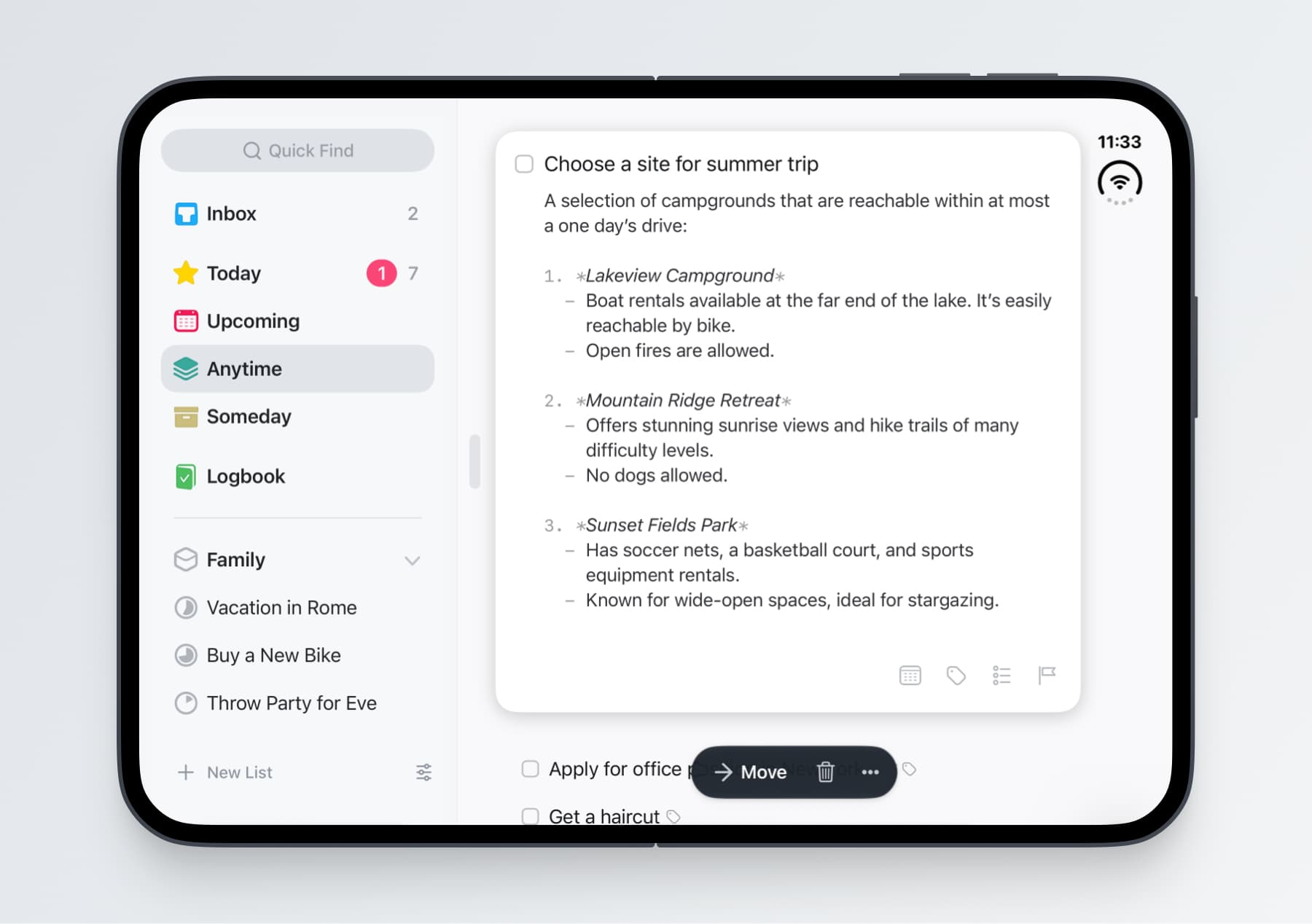 Things on an unfolded iPhone Duo, with an expanded to-do, its notes formatted in Markdown