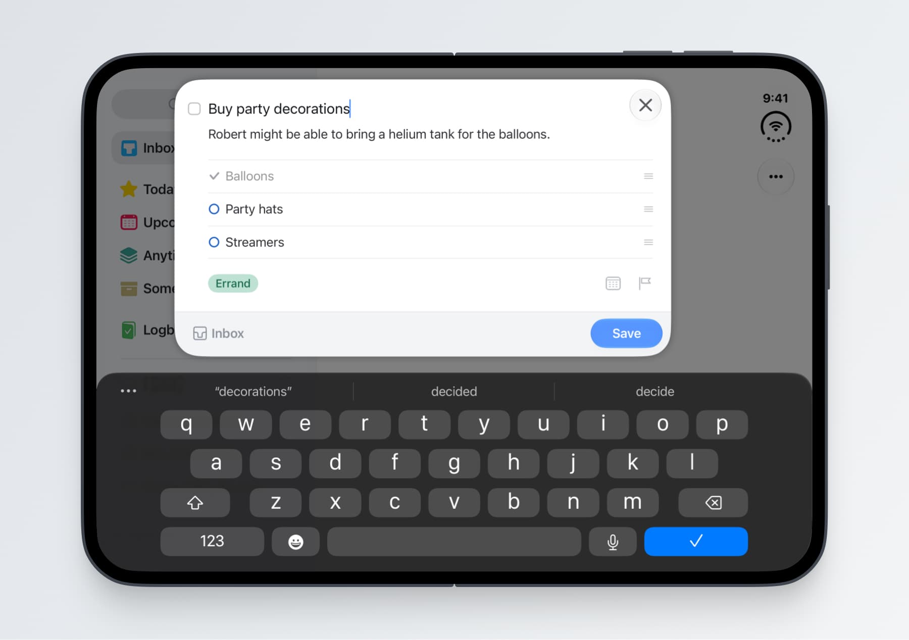 Things on an unfolded iPhone Duo, with Quick Entry open to create a to-do with a checklist and a tag, and the onscreen keyboard below