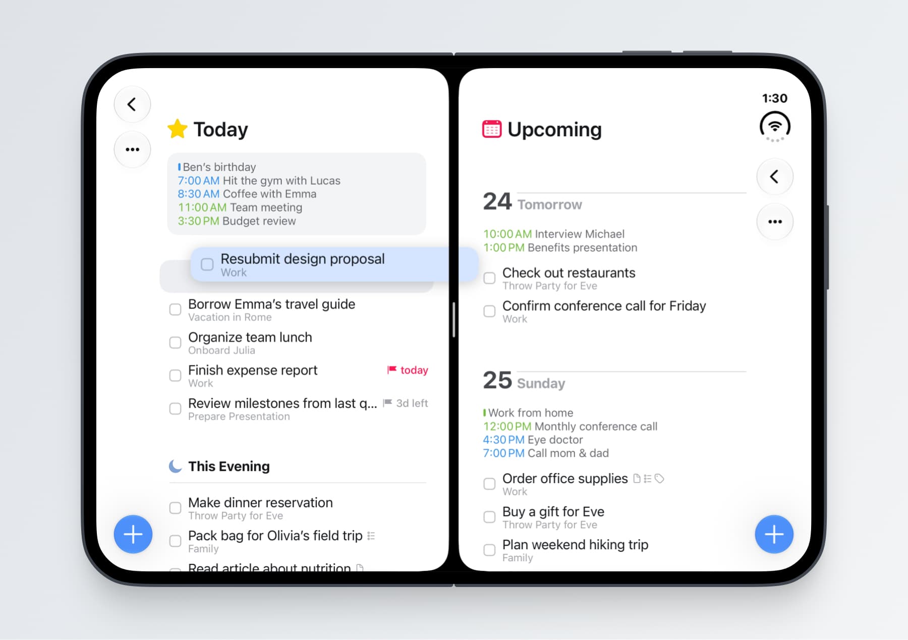 Things on an unfolded iPhone Duo, with two Things windows side by side: the Today list on the left and the Upcoming list on the right