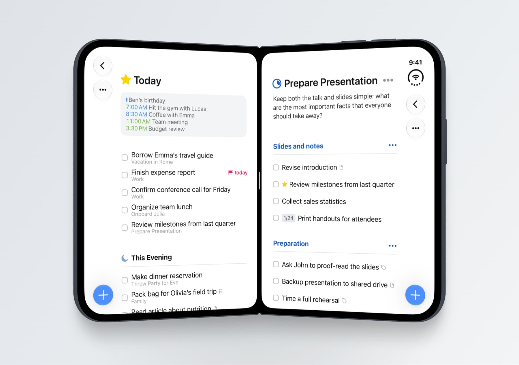 A partially folded iPhone Duo showing two Things windows side by side: the Today list on the left and a project on the right